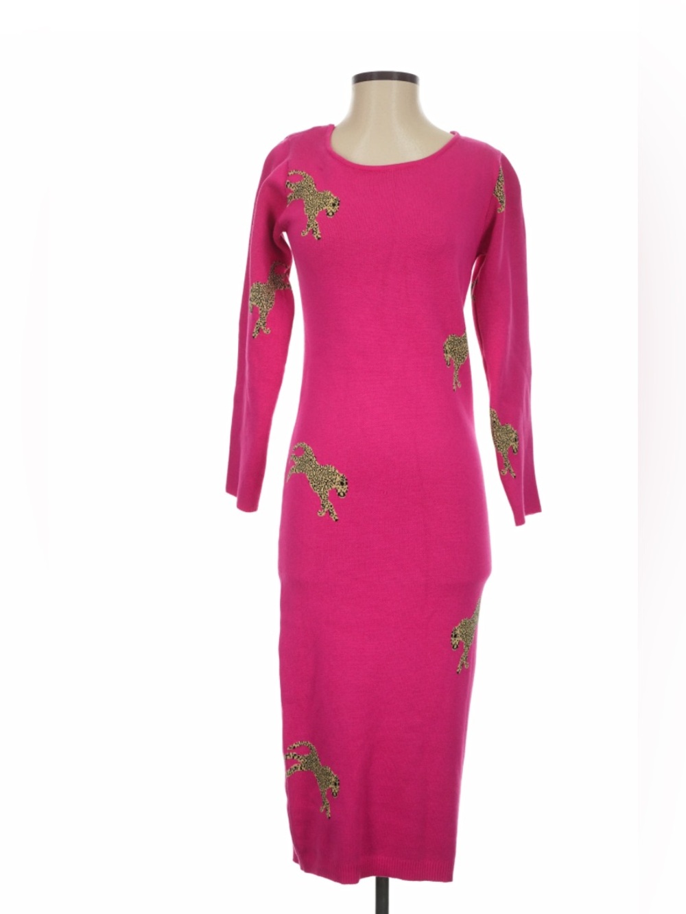 Ashley Stewart Hot Pink Knit Maxi Dress with Gold Sequin Animal Motifs
